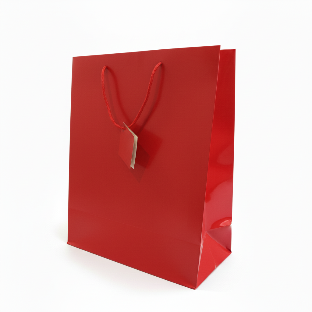 A matt red paper gift bag with matching red twisted paper handles and a blank white hangtag, shown on a clean white background.