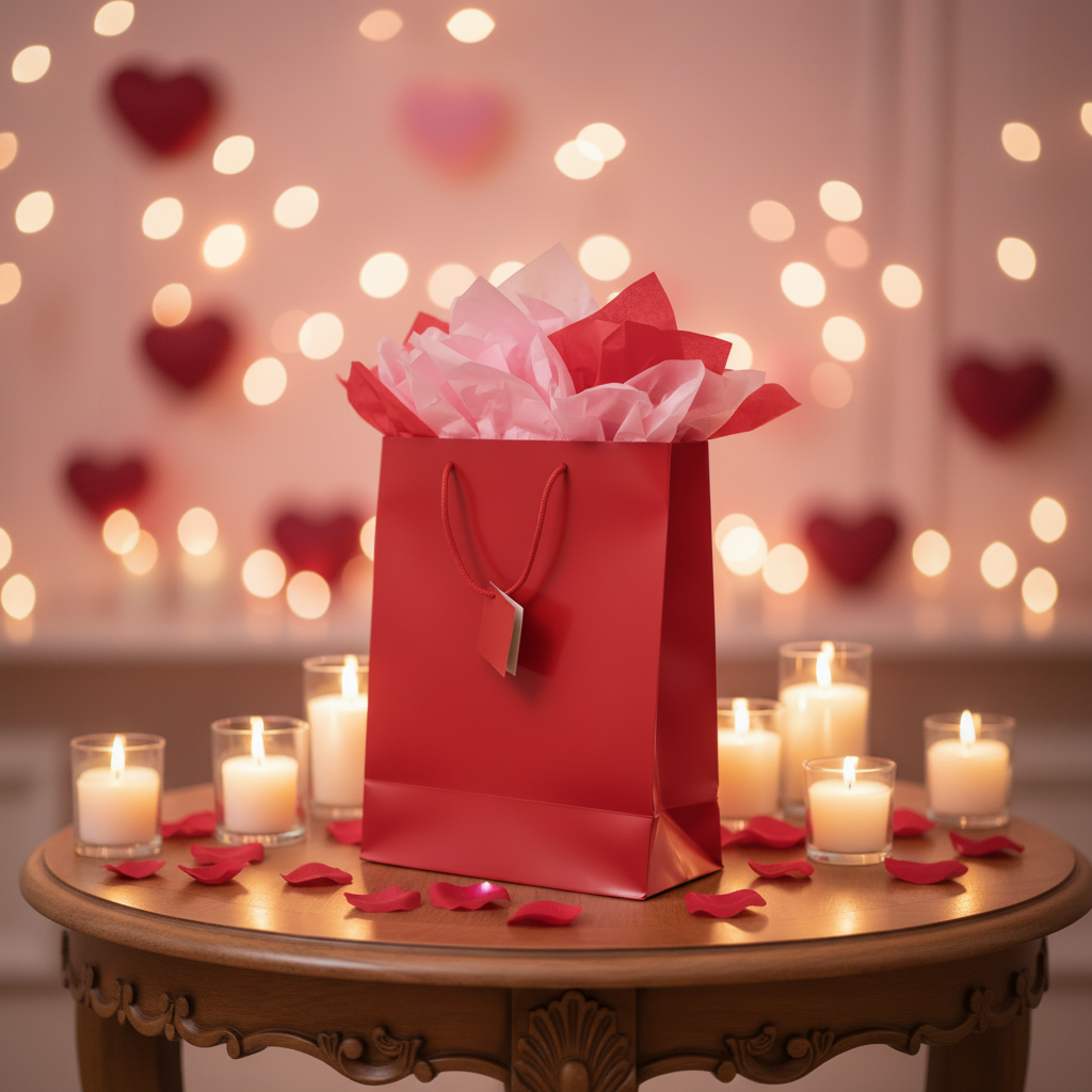 A red gift bag filled with pink tissue paper sits on a wooden table surrounded by lit candles and scattered red petals, with blurred heart decorations and warm string lights in the background.