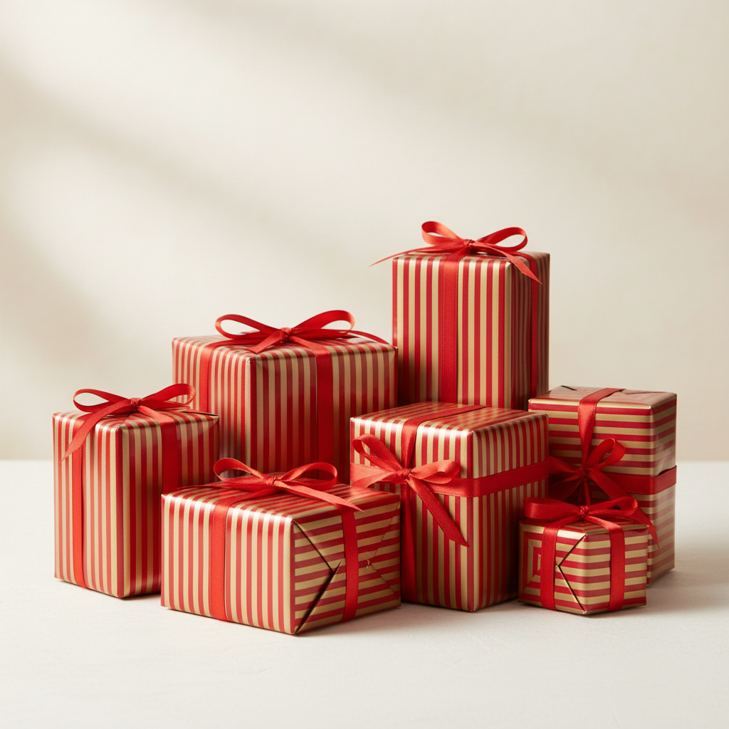 Close-up view of a red and gold striped wrapping paper.