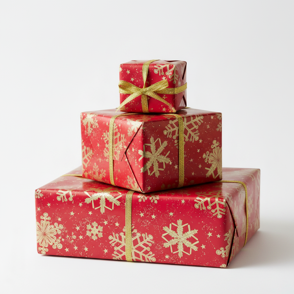 Three stacked Christmas gift boxes wrapped in red paper with gold snowflake patterns and tied with gold ribbons, photographed on a light gray background.