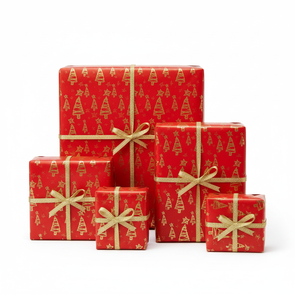 Five wrapped gift boxes in different sizes, all covered in red wrapping paper with a gold Christmas tree pattern and tied with gold ribbon bows, arranged on a white background.