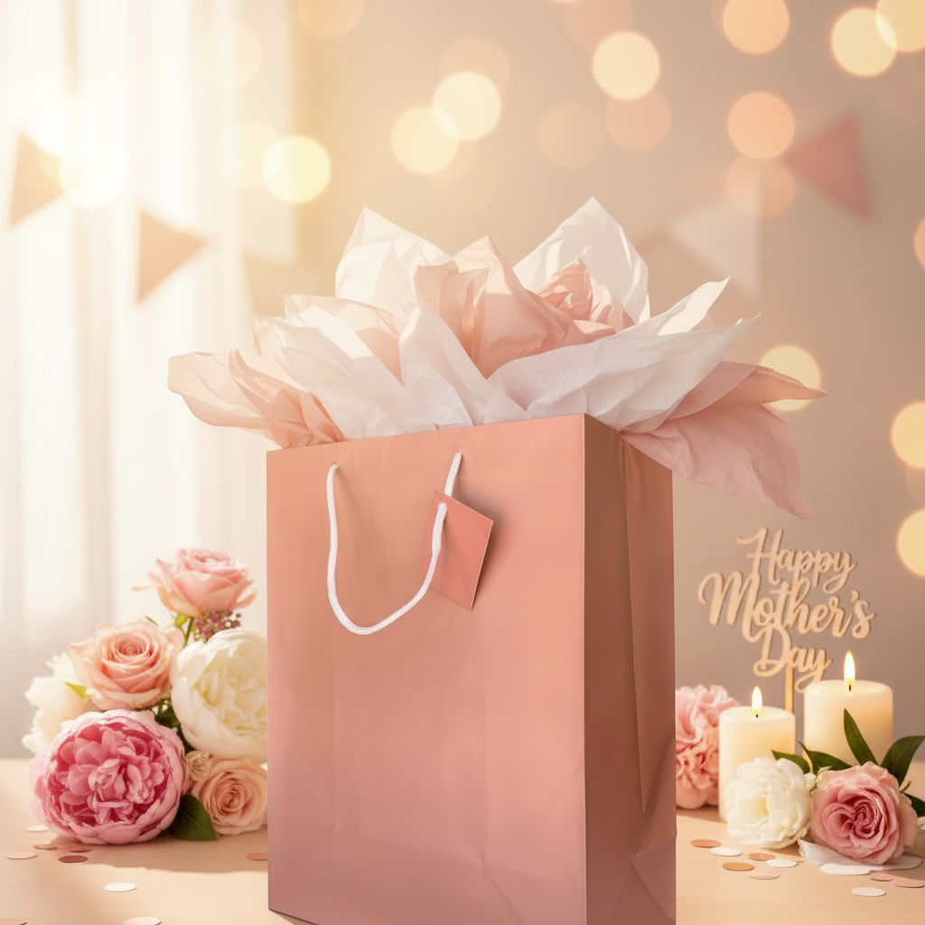 A pink paper gift bag filled with blush and white tissue paper sits on a wooden table surrounded by pink and white flowers, lit candles, and a gold 'Happy Mother's Day' sign in a softly blurred warm background.