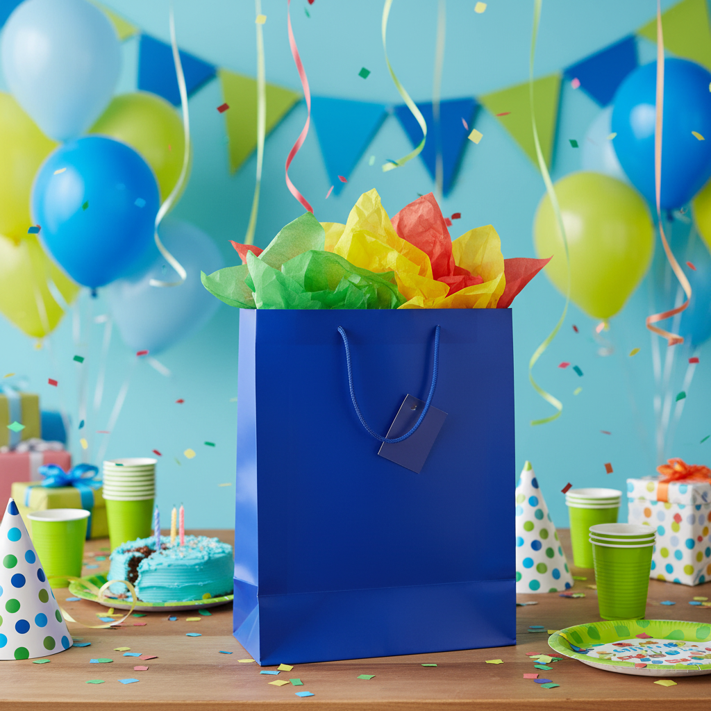 A royal blue paper gift bag filled with colorful tissue paper and balloons, set on a decorated party table with a blue cake, green cups, polka-dot hats, and confetti against a blue backdrop.