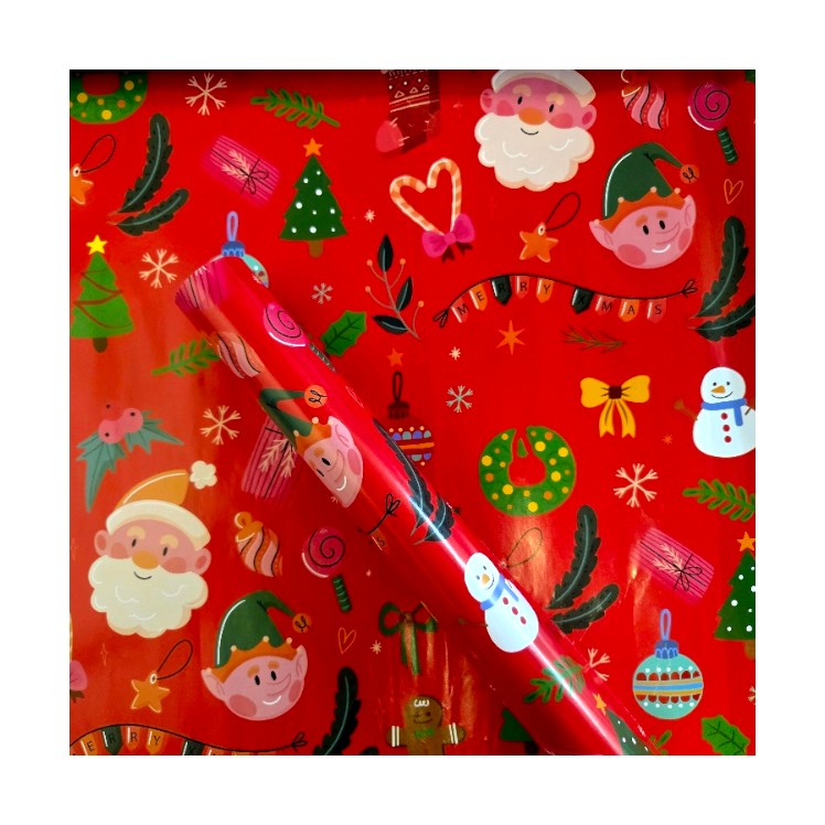 Red Christmas-themed wrapping paper with Santa Claus, elves, and other festive designs.