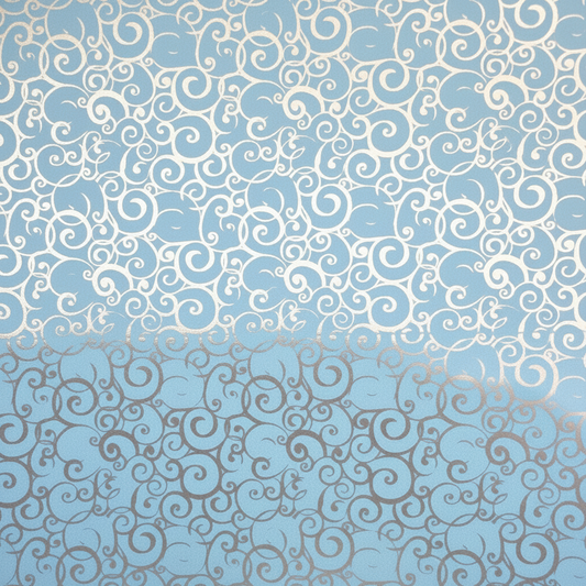 Decorative swirl pattern on a blue background