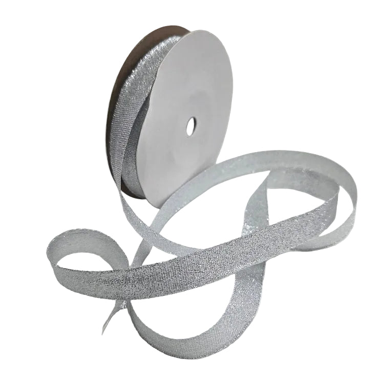 Roll of silver glitter ribbon on a white background