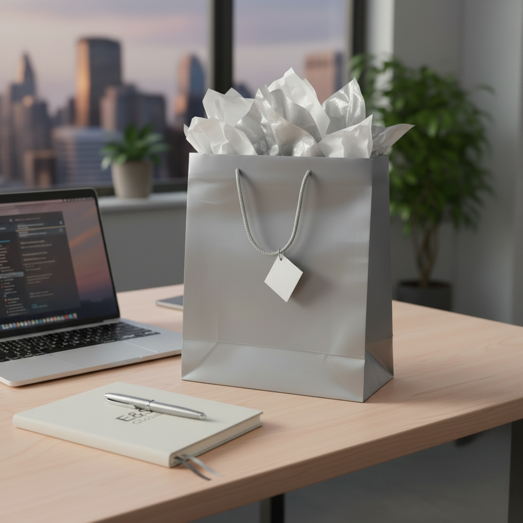 A plain silver paper gift bag with silver-gray handles and a blank tag, filled with white tissue paper, sitting on a wooden desk next to a laptop and notebook.