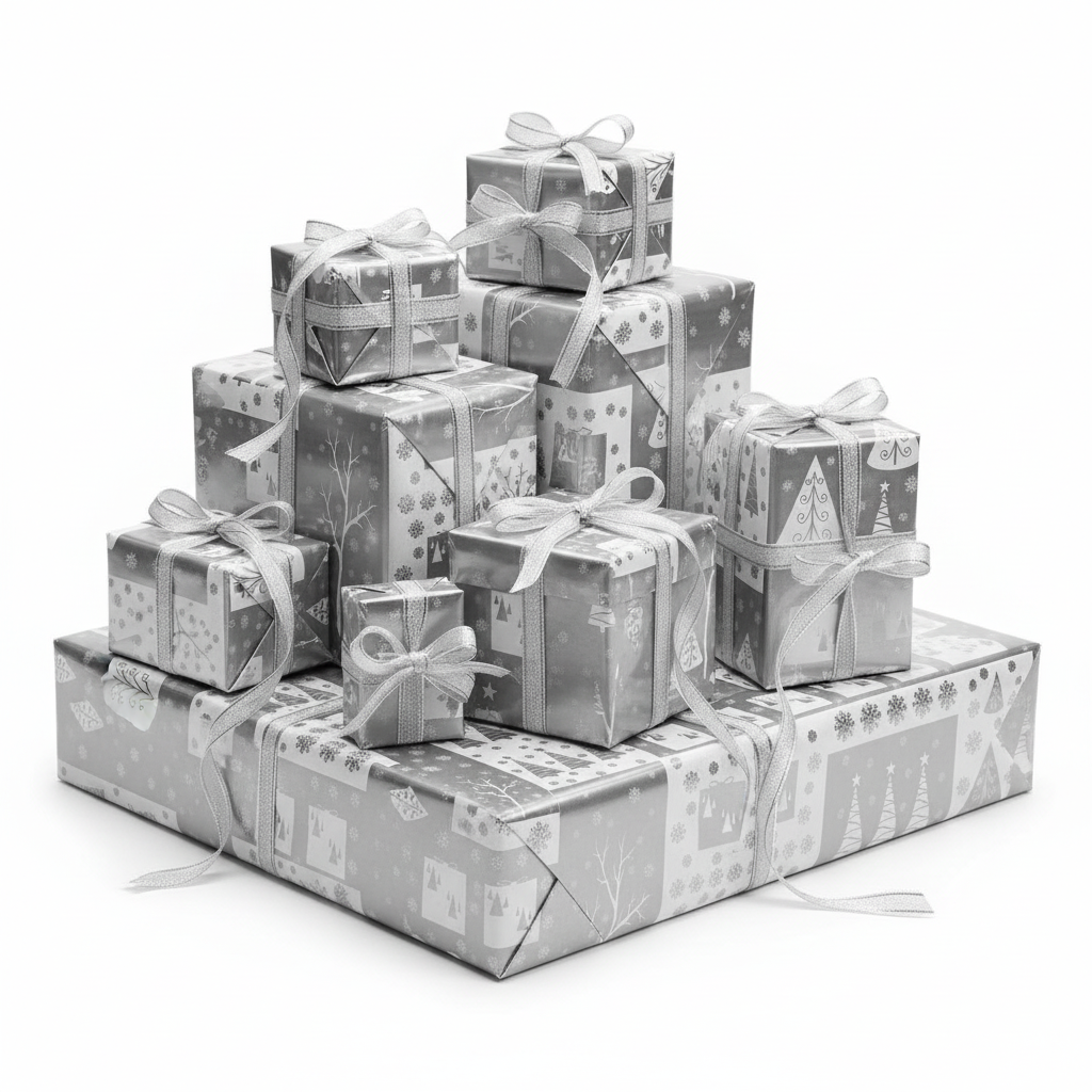 A stack of wrapped gift boxes in varying sizes, all featuring a matching gray and white winter holiday pattern with silver ribbons tied in bows, set against a plain white background.