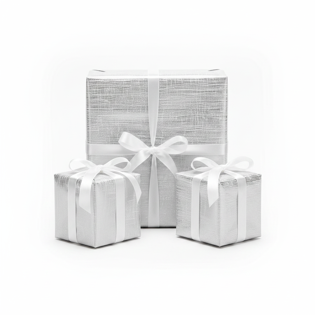 Close-up of a silver hessian style design printed on white wrapping paper.
