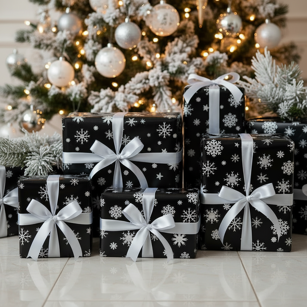 A collection of Christmas wrapped gift boxes in black and white snowflake-patterned paper, tied with white ribbons, arranged on a glossy white tile floor in front of a decorated Christmas tree.
