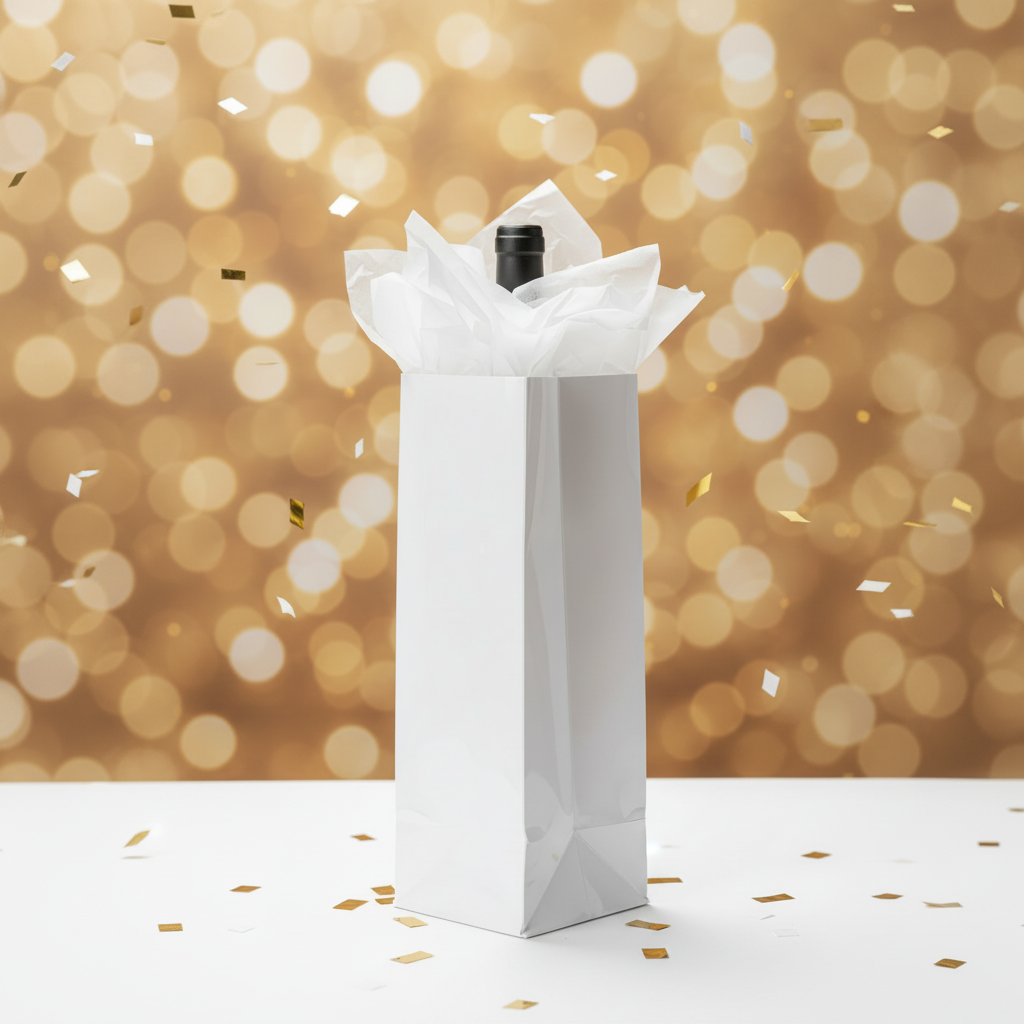 A white gift bag filled with white tissue paper and a black bottle neck, set against a warm golden bokeh background with scattered gold confetti.