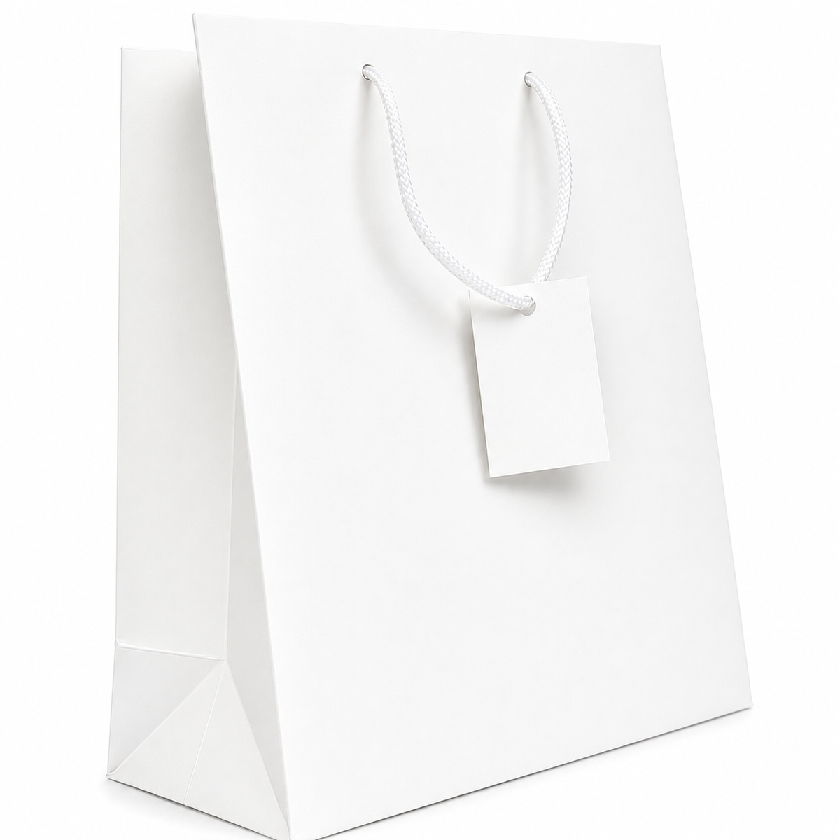 A plain white paper shopping bag with white rope handles and a blank white tag, shown on a clean white background.