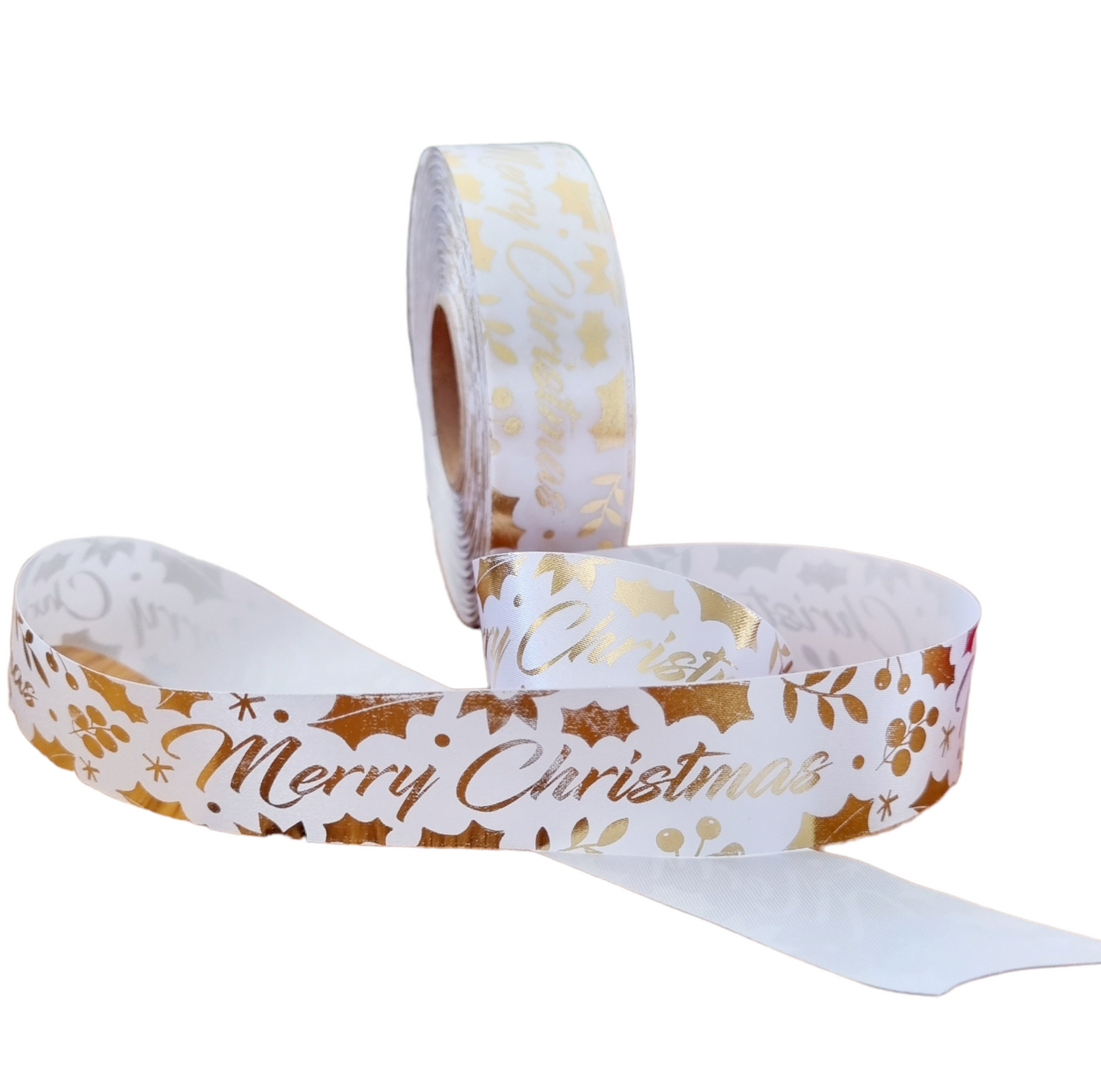 Christmas Printed Satin Ribbon Gold Merry Christmas with Holly (10 & 50 Meter Roll)