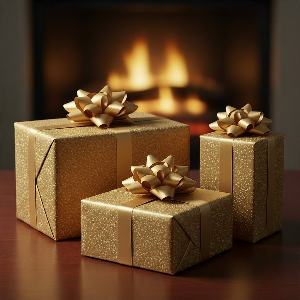 Gifts wrapped in gold wrapping paper with white Speckles, with gold ribbon and bows.