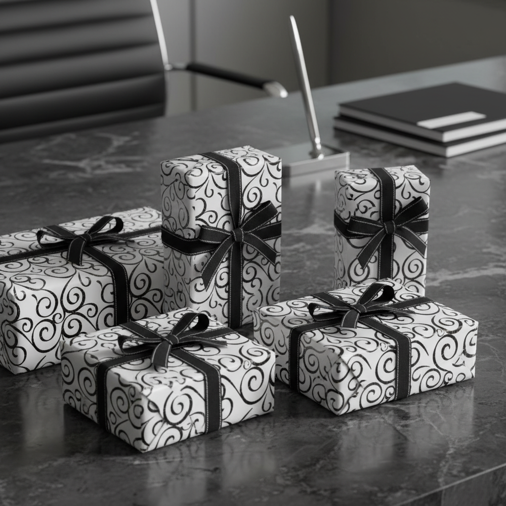 Five wrapped gift boxes with a black and white scroll pattern and black ribbon bows, arranged on a dark marble desk in an office setting.