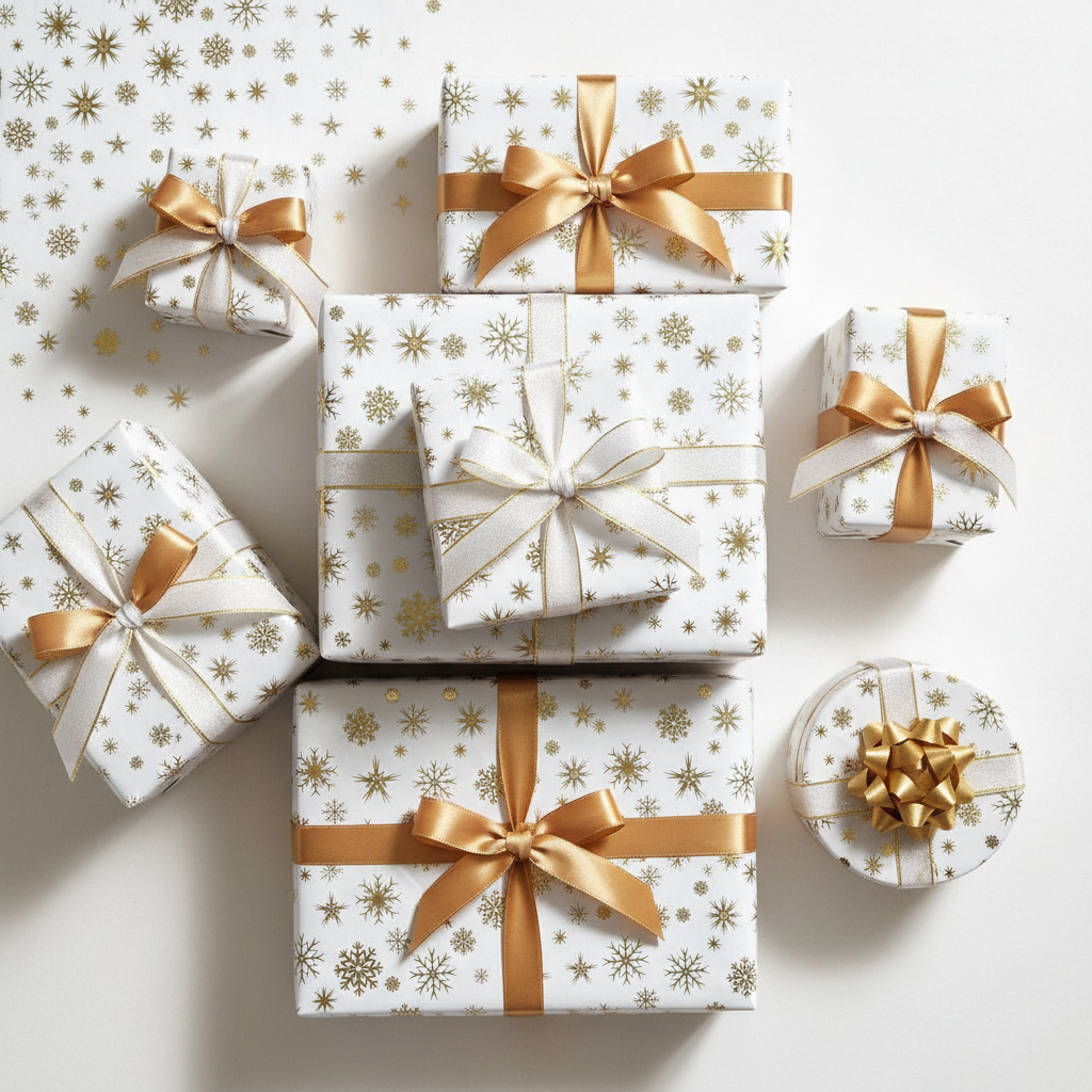 Six wrapped gift boxes in assorted sizes arranged on a white background, decorated with white and gold paper featuring snowflakes, stars, and dots, and tied with white, gold, and gold ribbon bows.