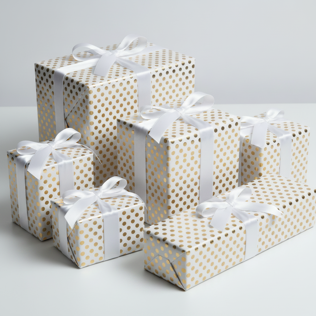 Wrapping Paper White with Gold Polka Dots (10 or 50 Meter Roll)