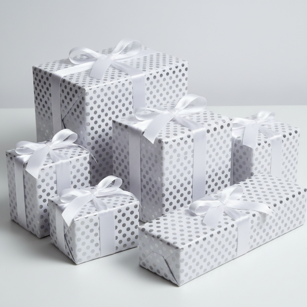 Five wrapped gift boxes in assorted sizes, all covered in white wrapping paper with a silver polka dot pattern and tied with white satin ribbons, arranged on a light gray surface against a light gray background.