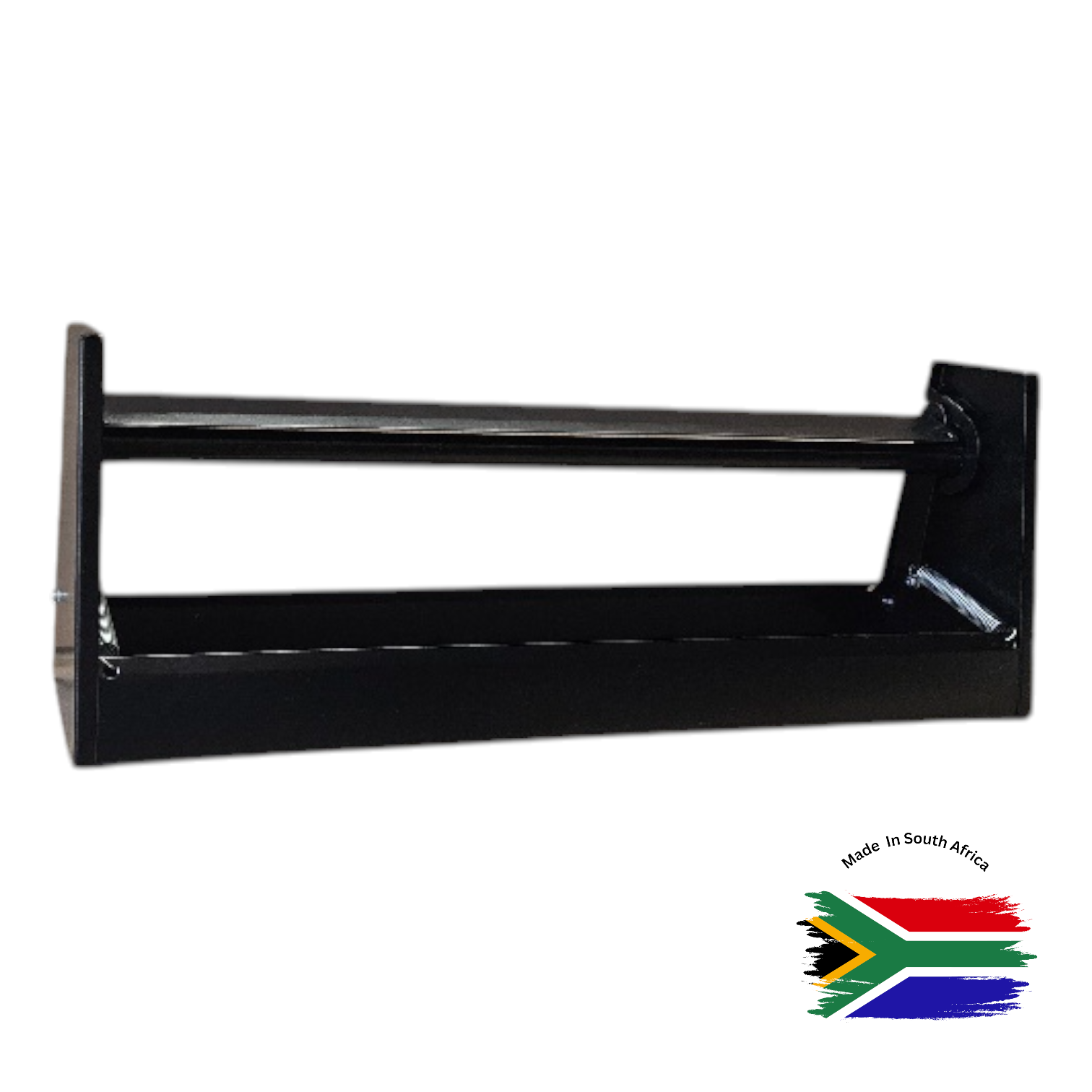 A black wrapping paper dispenser, displayed on a white background with a 'Made in South Africa' flag sticker at the bottom right.
