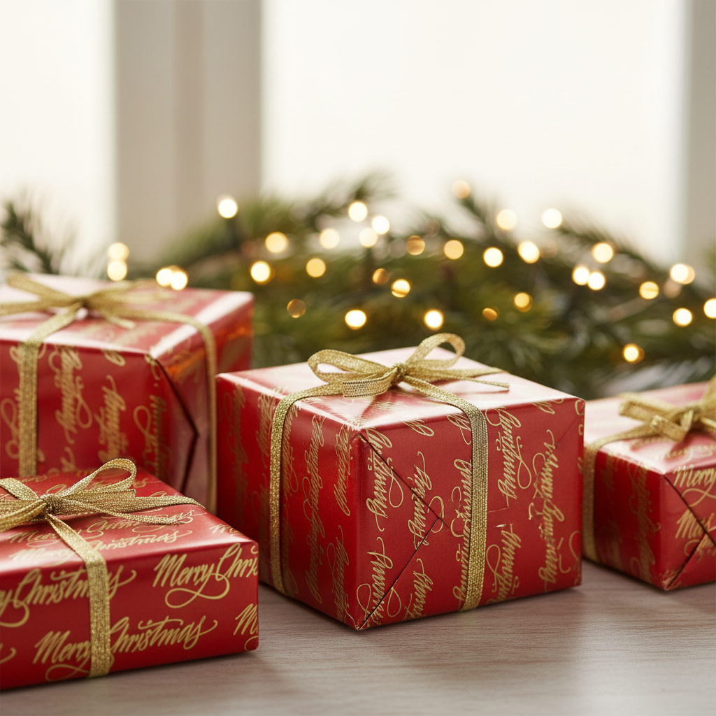 Christmas gift boxes wrapped in red paper with gold 'Merry Christmas' script and tied with gold ribbon bows, arranged on a tabletop with blurred greenery and warm string lights in the background.