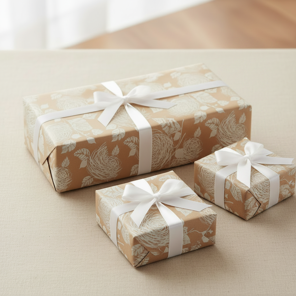 Three wrapped gift boxes of different sizes on a beige fabric surface, wrapped in tan paper with a white botanical pattern and tied with white ribbon bows.