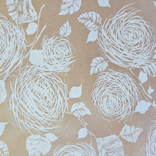 Kraft wrapping paper with white flowers. Sketched style design. 10 meter by 500mm.