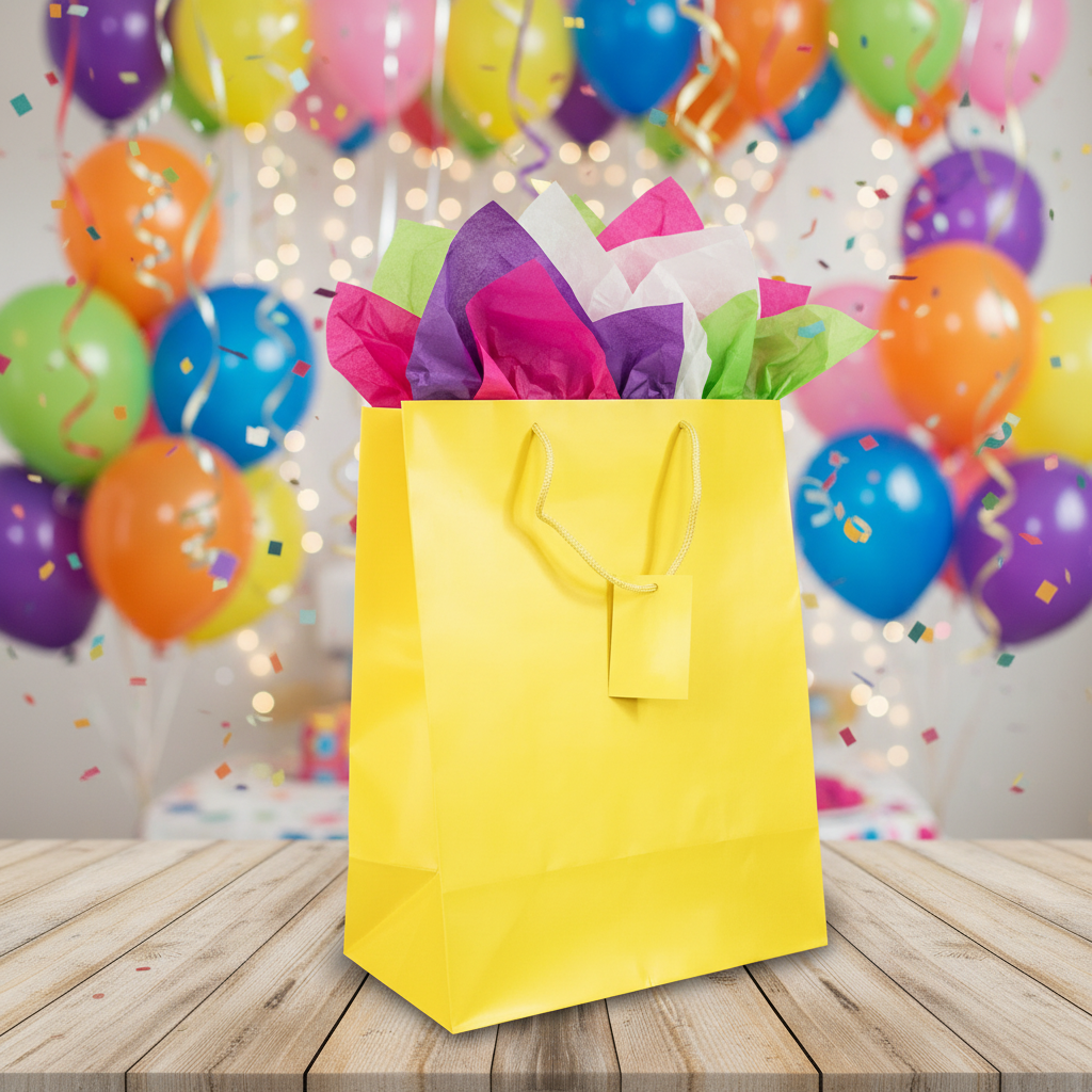A vibrant yellow gift bag with a handle and a tag.