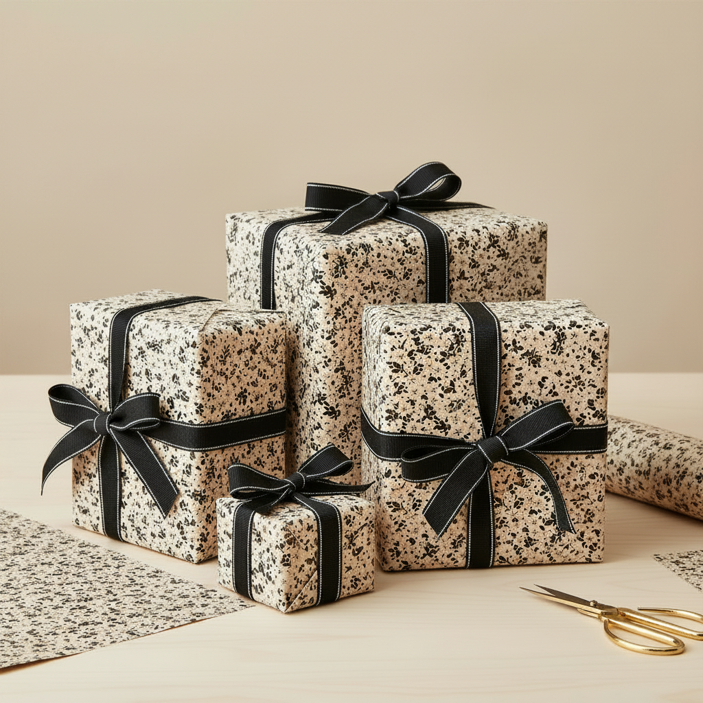 Close-up of wrapping paper with a pattern of black flowers on a beige kraft background.