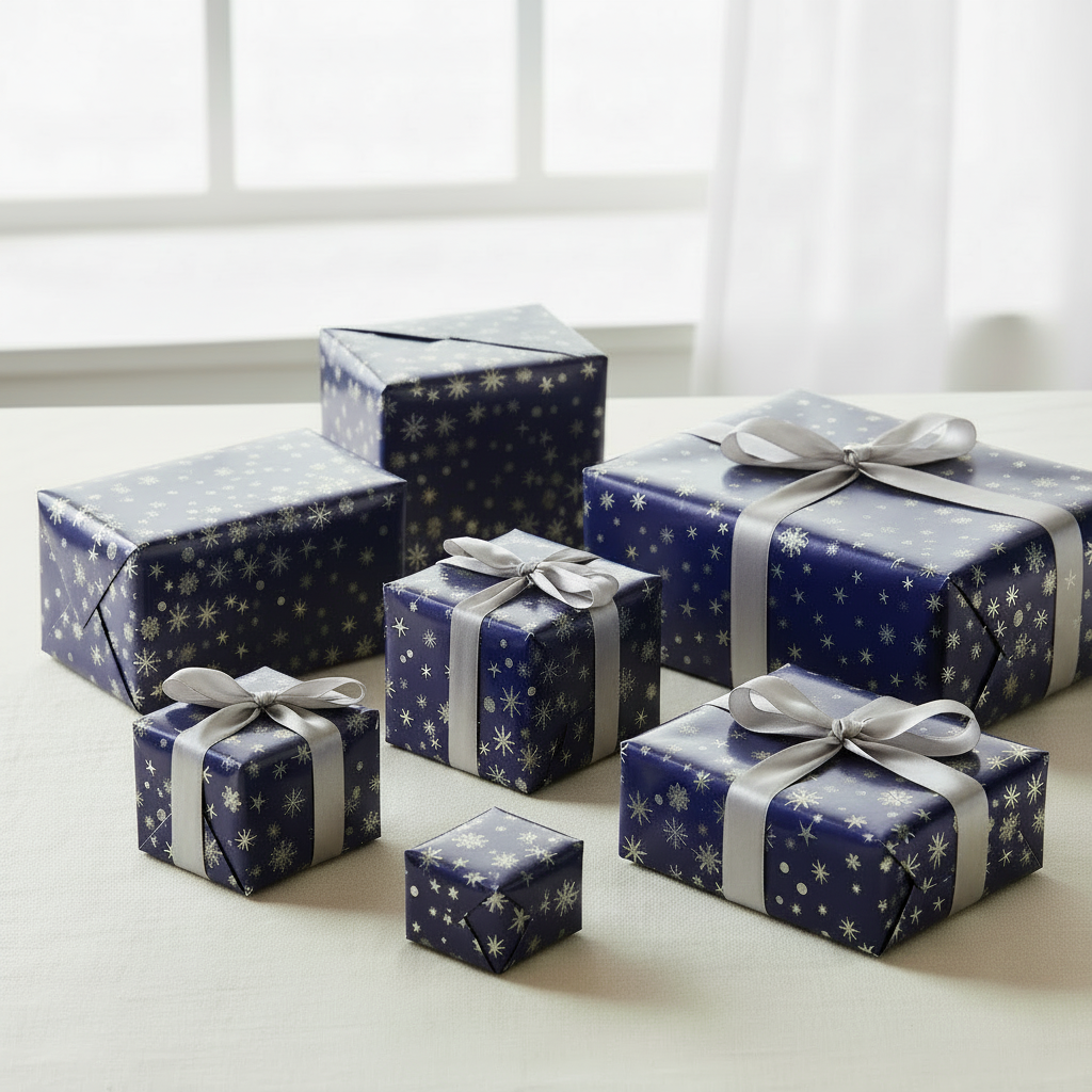 Six wrapped gift boxes in different sizes, all covered in dark blue paper with a silver snowflake pattern and tied with silver satin ribbons, arranged on a light table in front of a bright window.