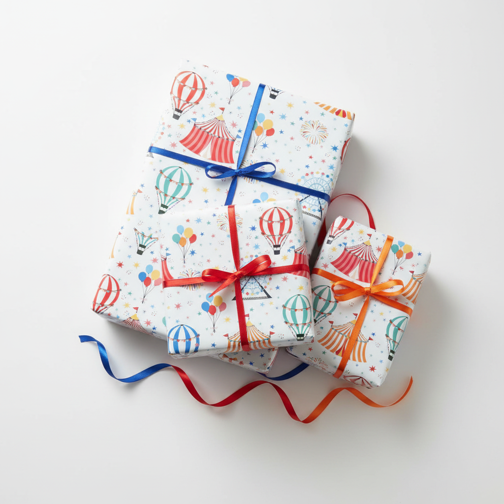 Circus-themed pattern with hot air balloons, tents, and fireworks on a light white background.