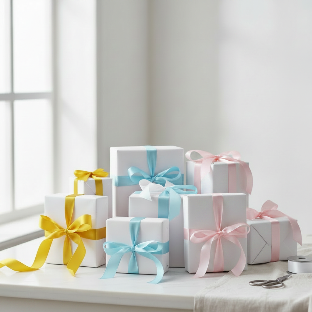 White gift boxes with colorful ribbons on a light surface near a window.