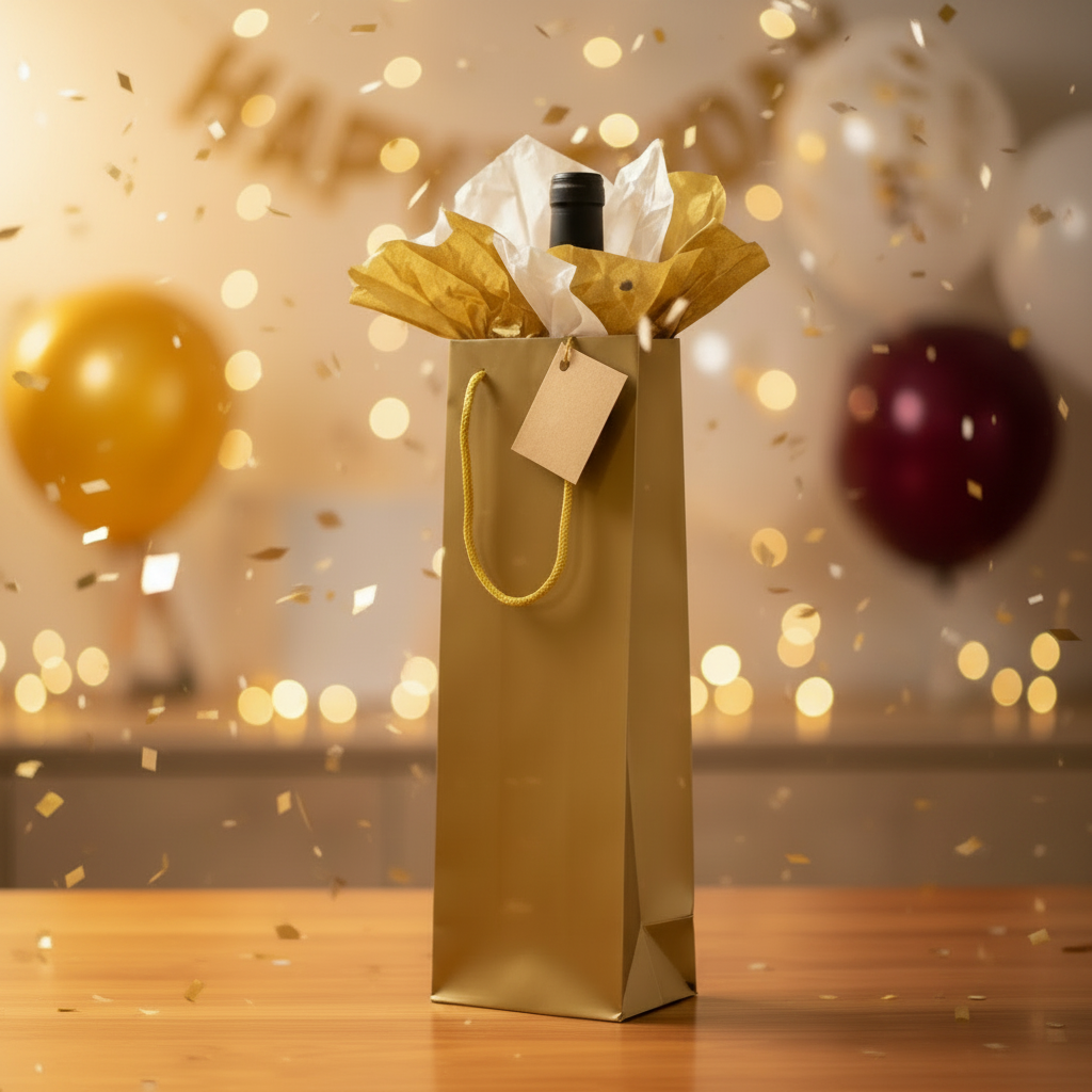 A tall metallic gold gift bag standing on a wooden table, filled with white tissue paper and gold crinkle tissue at the top, with a small bottle tucked inside. A blank kraft paper tag hangs from a gold cord handle.
