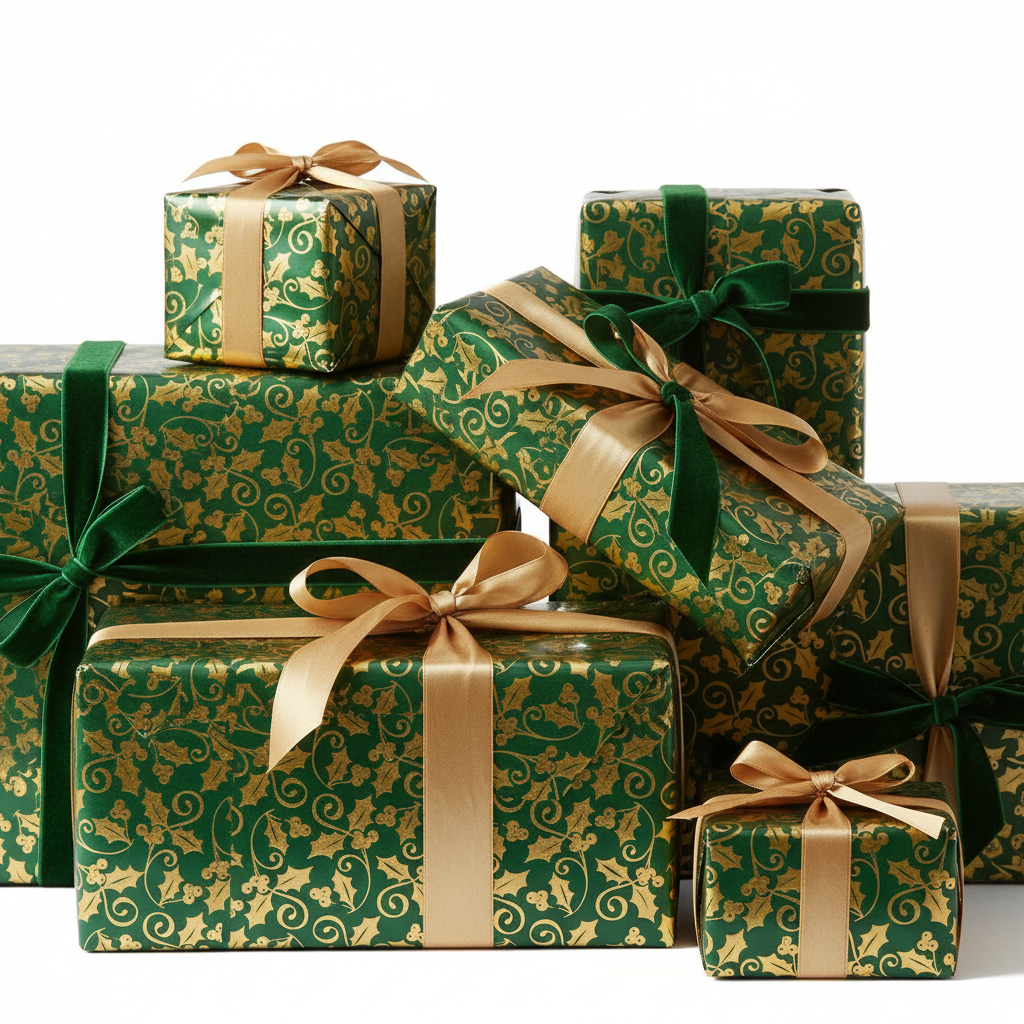 A close-up view of green wrapping paper with gold holly patterns.