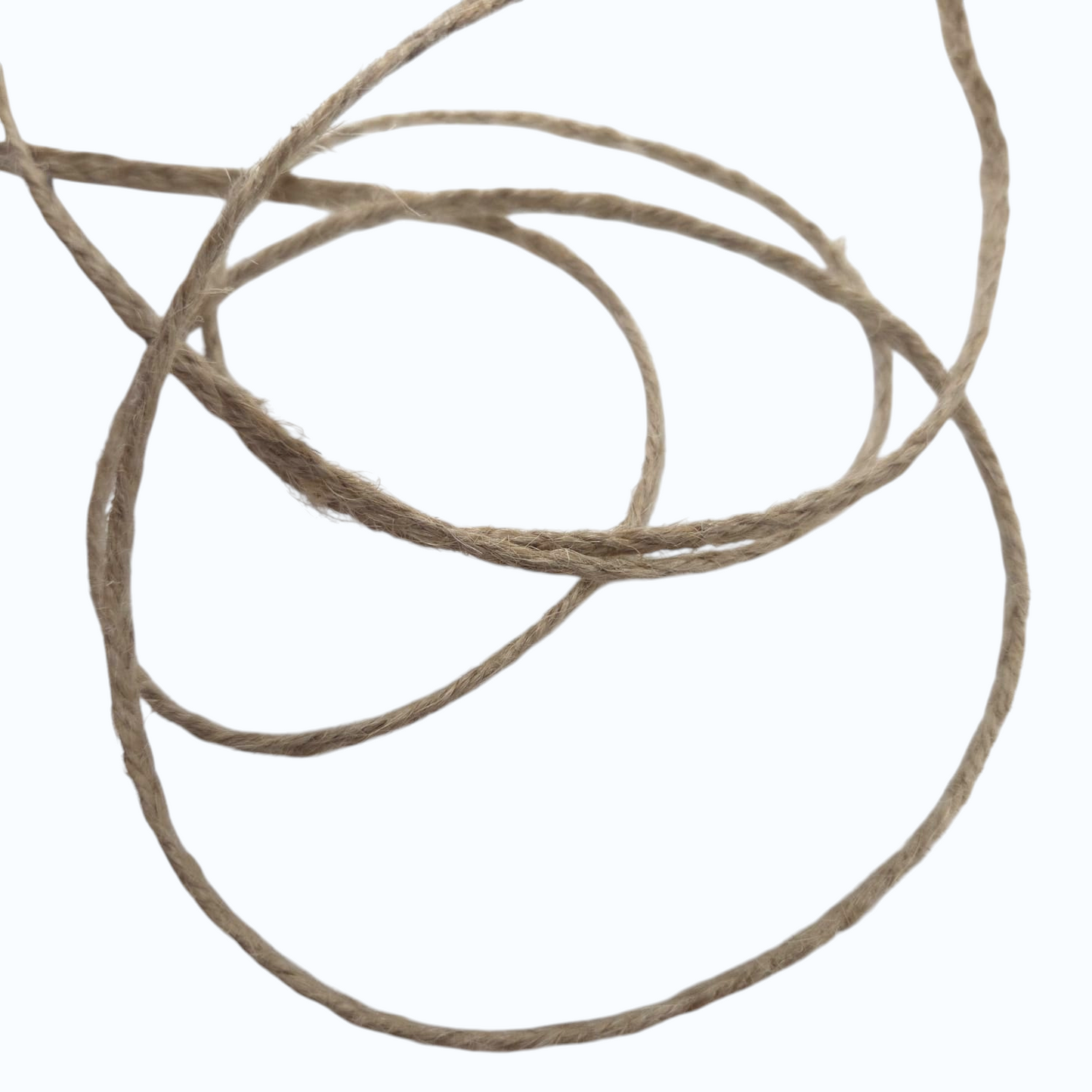 Coiled piece of brown string on a white background