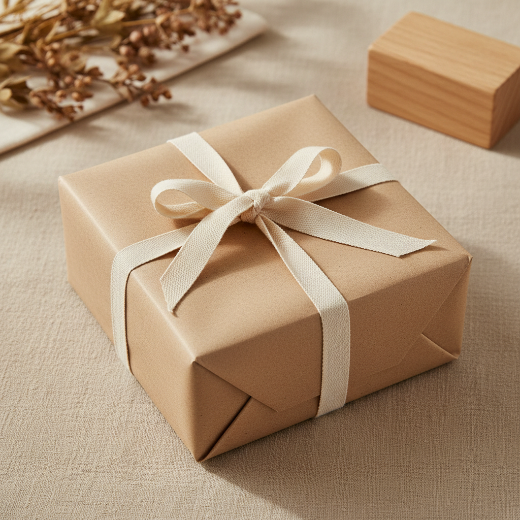 A square gift box wrapped in natural kraft paper and tied with a natural cotton ribbon bow, placed on a beige fabric surface with dried flowers and a small wooden block in the background.