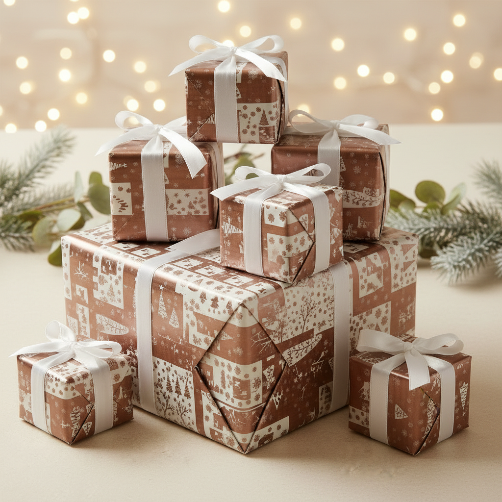 A stack of five wrapped Christmas gift boxes in varying sizes, decorated with rose gold holiday patterned paper and tied with white ribbons, set against a warm background with soft fairy lights and pine branches.