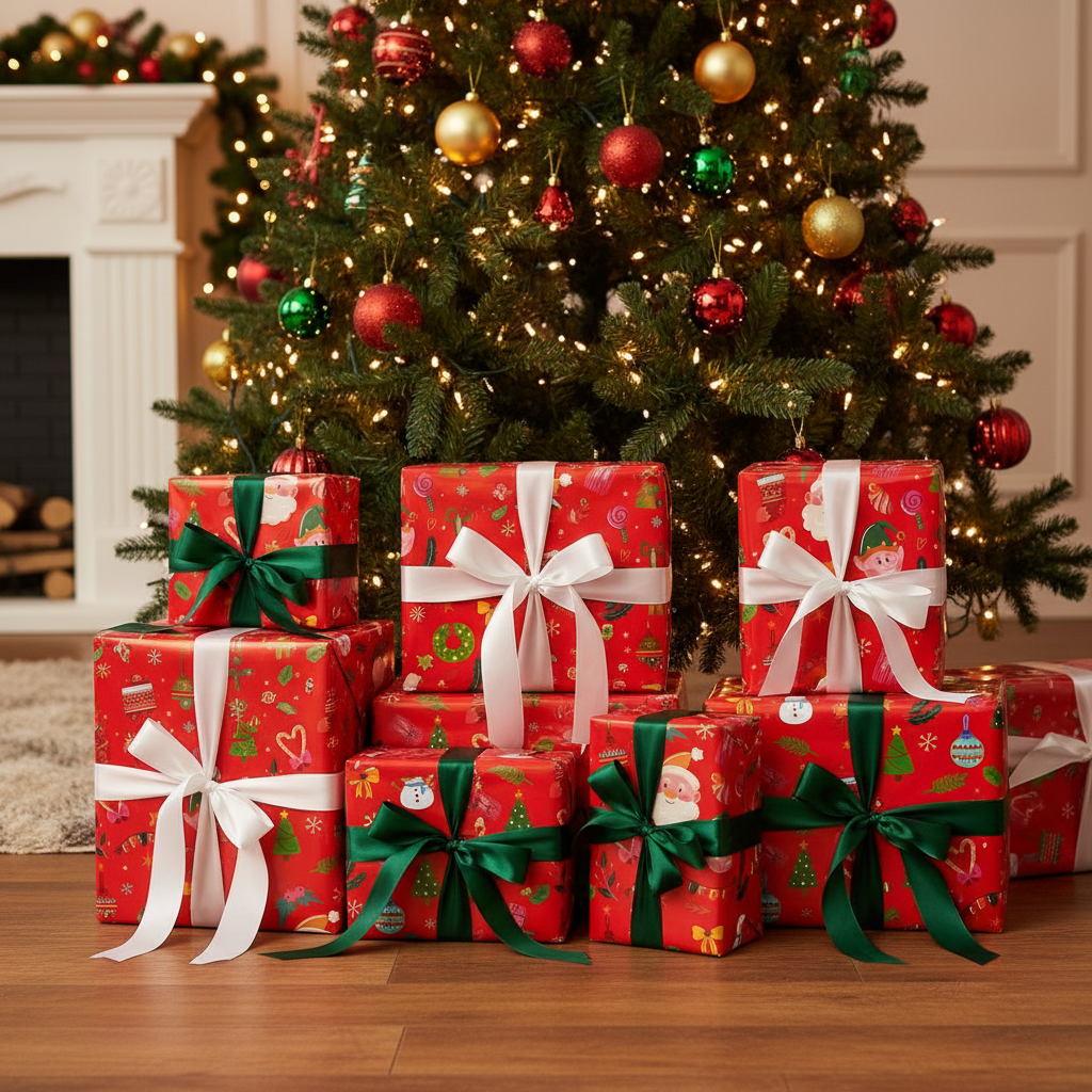 A group of Christmas wrapped gift boxes and packages arranged under a decorated Christmas tree in a warm indoor holiday setting. The packages are wrapped in red holiday paper with white and green ribbons and bows, with the tree and fireplace visible in the background.