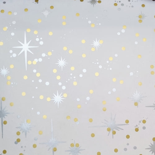 White Wrapping Paper with Silver Stars and Gold dots. 10 meter roll x 500mm.