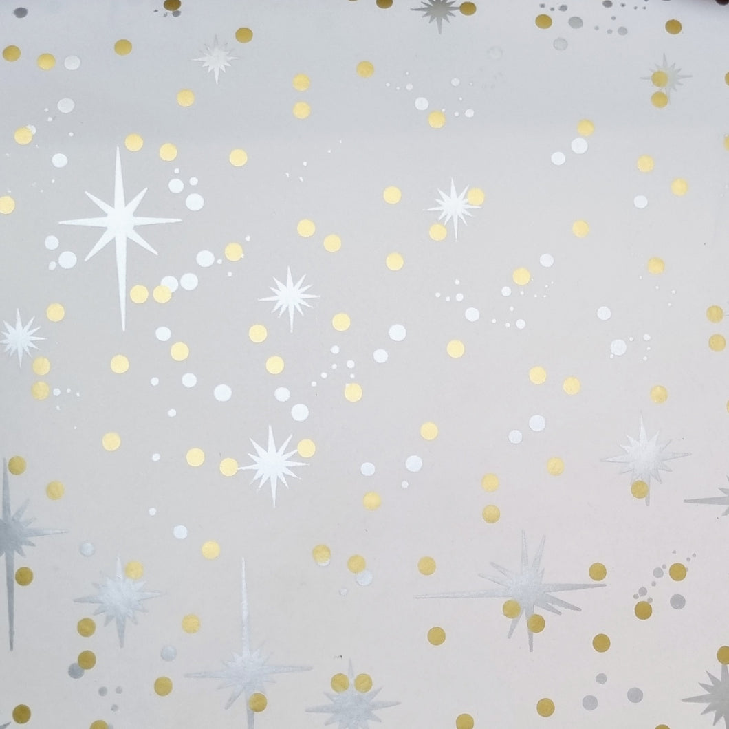 White Wrapping Paper with Silver Stars and Gold dots. 10 meter roll x 500mm.