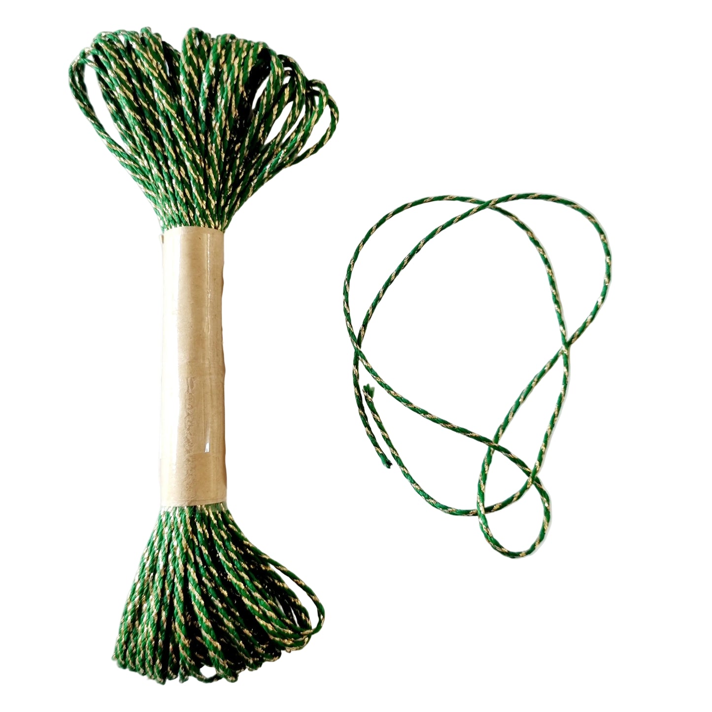 A spool of jungle green baker's twine with gold lurex, partially unspooled to show the colour and texture, placed on a white background.
