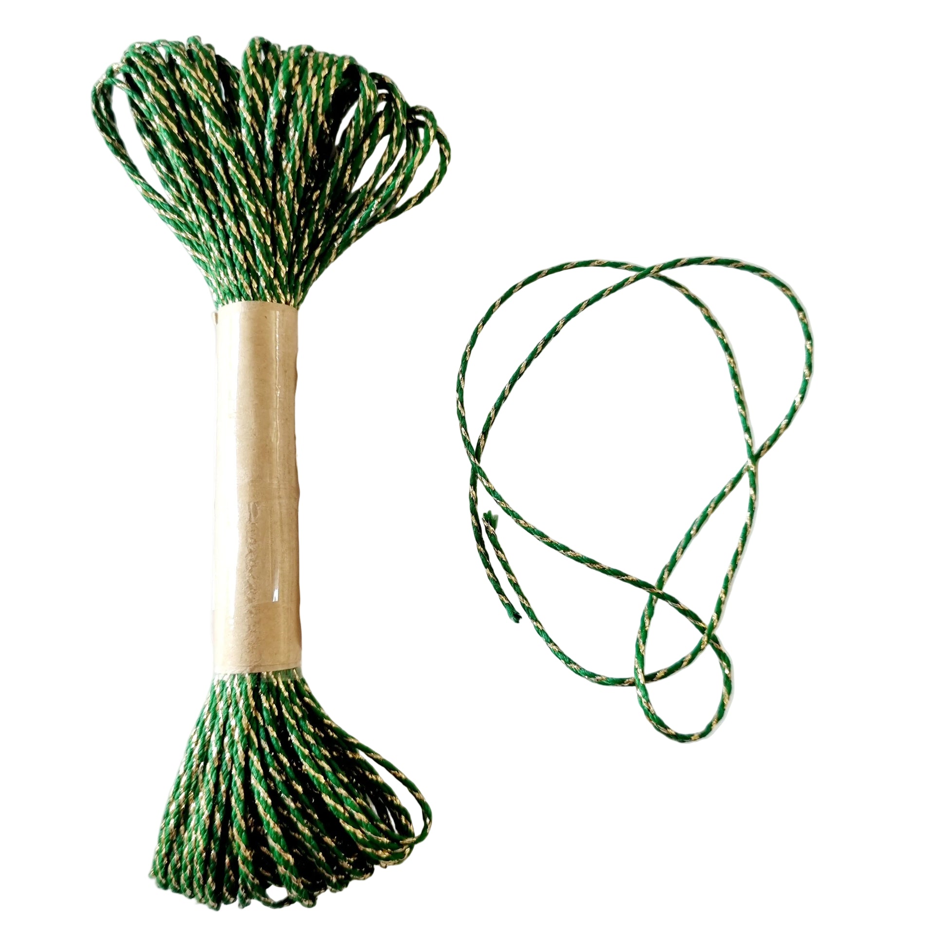 A spool of jungle green baker's twine with gold lurex, partially unspooled to show the colour and texture, placed on a white background.