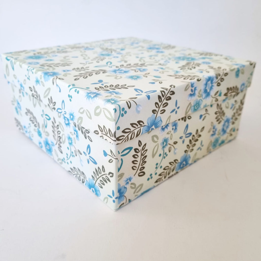 Gift Box Square Blue Floral Design, Size in mm 215L x 215W x 100H Sq 4 Hand Painted then Printed Hand Made Made in SA Shop Local