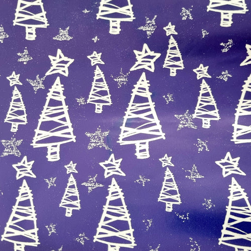 Christmas Wrapping Paper, blue Back Ground with Metallic Silver Christmas Trees. Wrapping Paper is a 10 meter roll. 500mm width.
