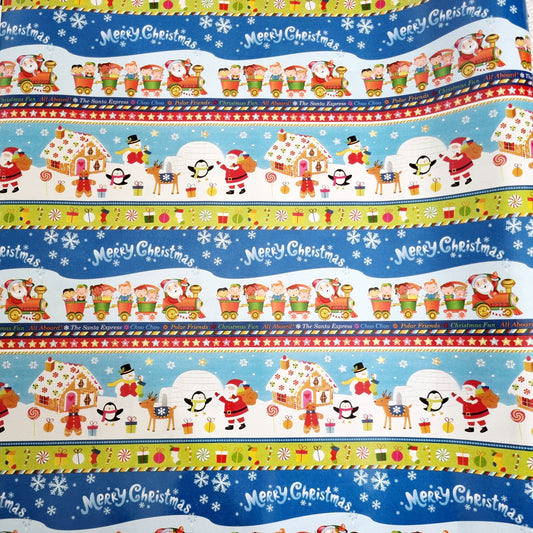 Christmas Wonderland Wrapping Paper, 10 meter x 600mm roll. Great for kids. Cartoon like Santa's with Snow men, penguins igloos snow flakes, Train with Gifts. 