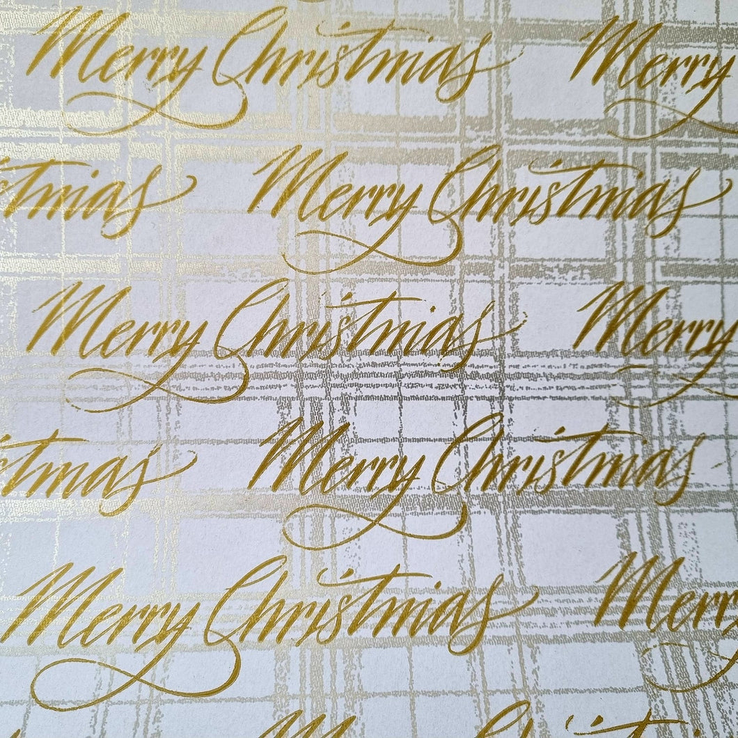 Christmas Wrapping Paper Silver Tartan and Gold Merry Christmas 