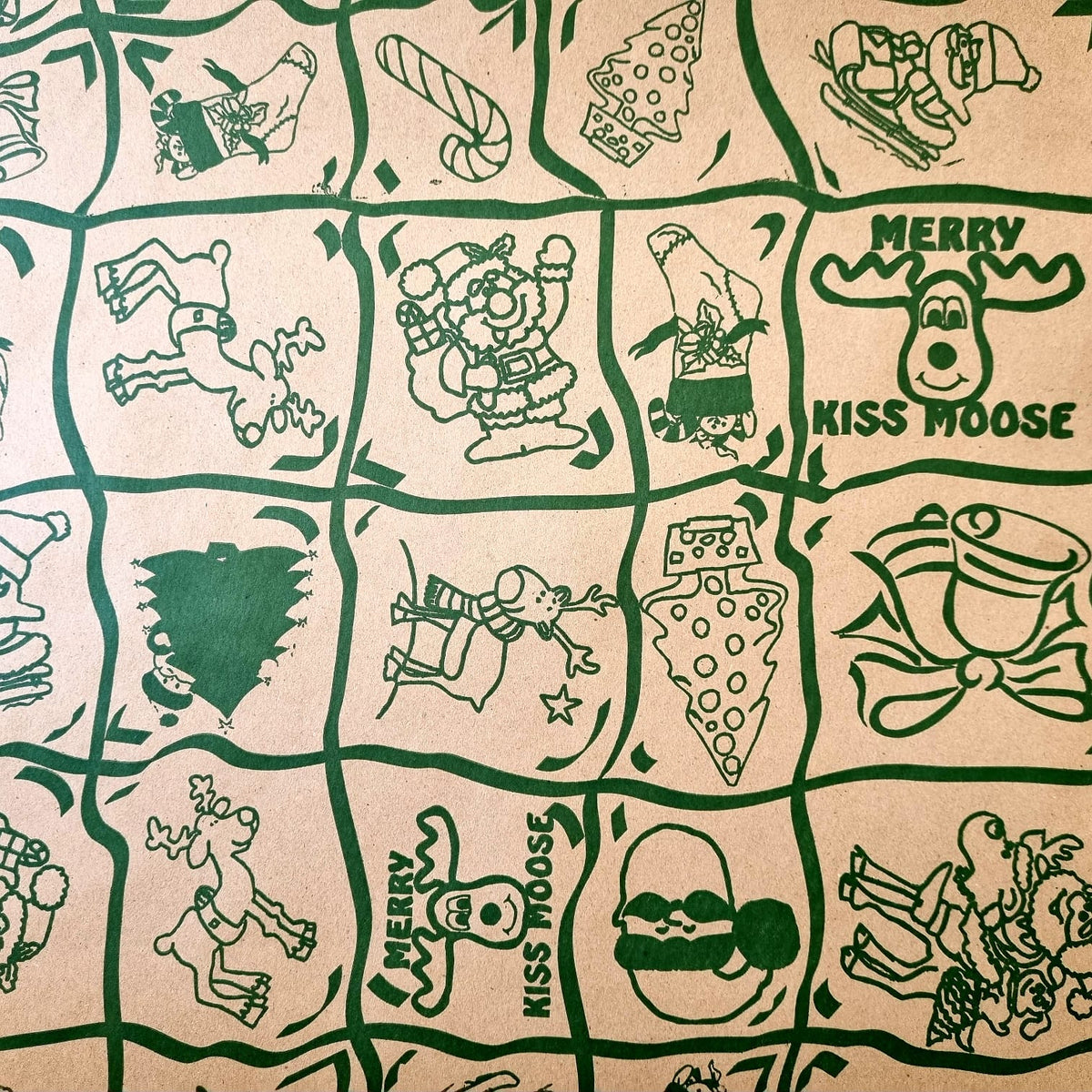 Christmas Wrapping Paper Kraft  with Green Merry Kiss Moose, Santa and Reindeer