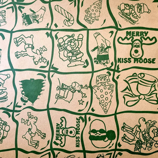 Christmas Wrapping Paper Kraft  with Green Merry Kiss Moose, Santa and Reindeer