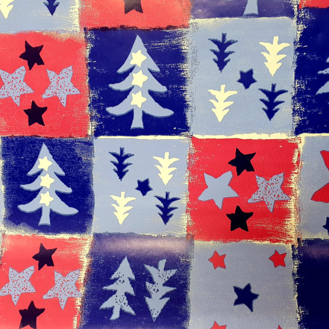 Pink and Blue Squares with Blue Trees and Stars Christmas Wrapping Paper