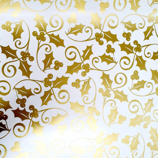 Christmas Wrapping Paper Metallic Gold Holly (10 or 50 Meter Roll)