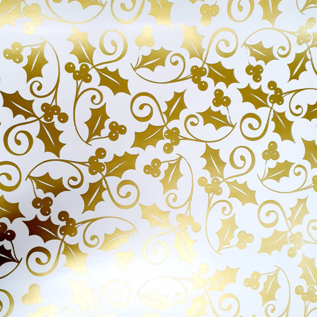 Christmas Wrapping Paper Metallic Gold Holly 10 Meter